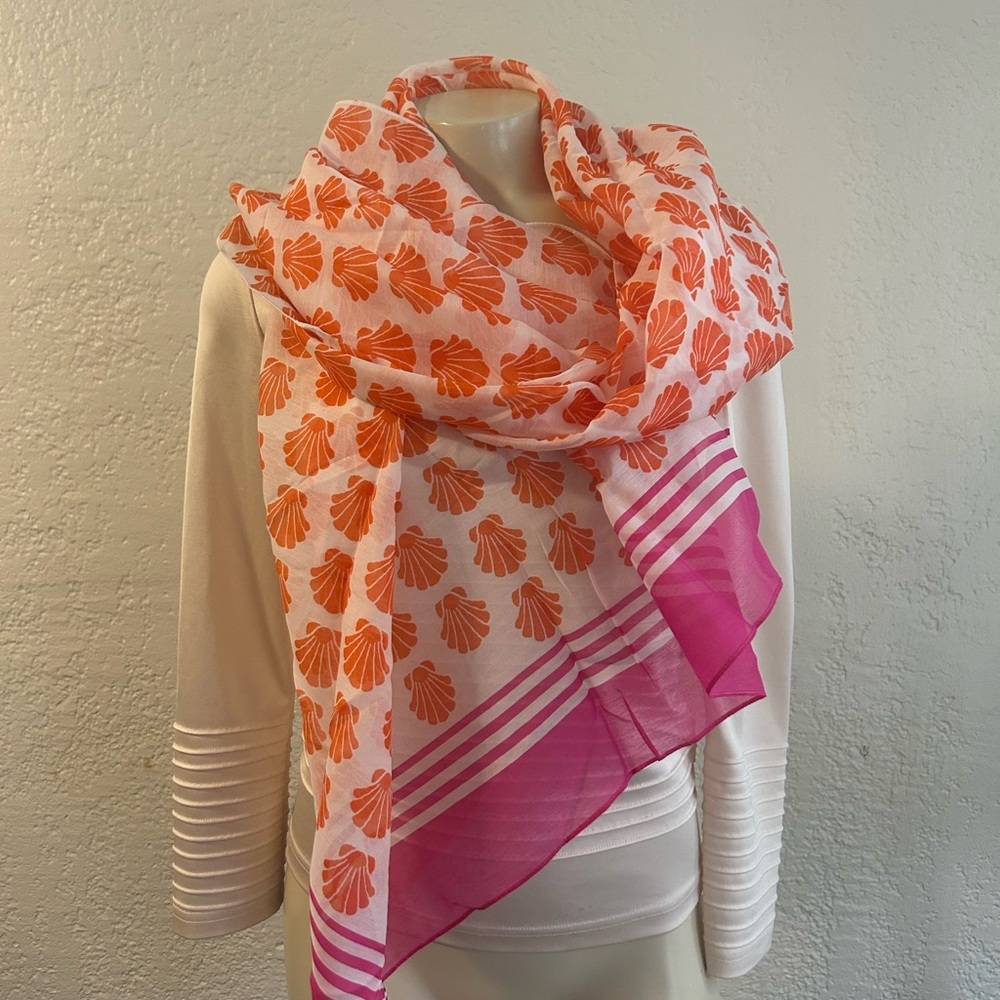 TALBOTS Pink/Orange Shell Print Cotton/Silk Scarf/Stole 27”X 70” NWT
